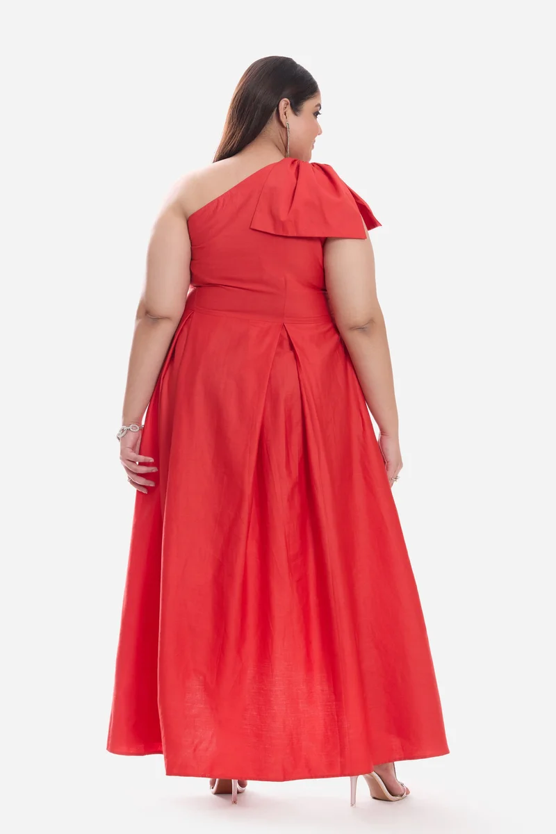 Virgio  Solid Cotton One Shoulder Bow Plus Size Dress for Women for Women | Best Price UAE