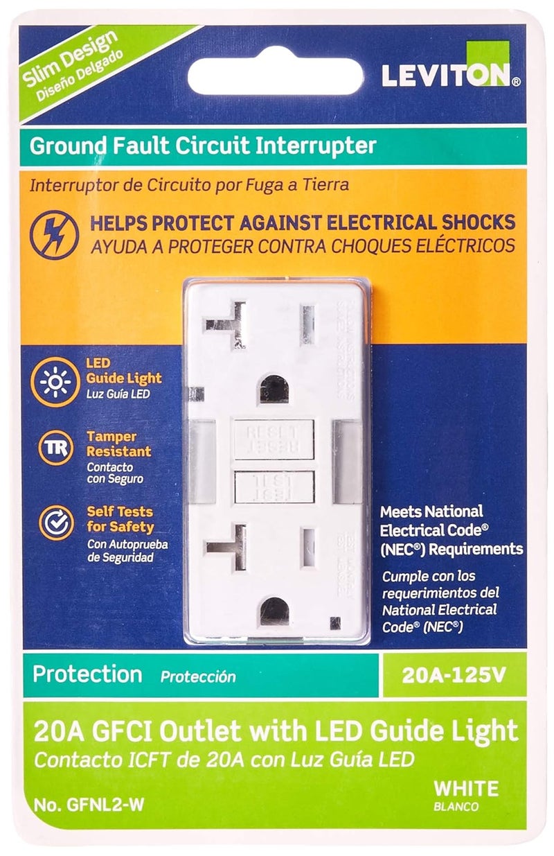 Leviton GFCI Outlet with Guidelight, 20 Amp, Self Test, Tamper-Resistant with LED Indicator Light, Replaces Plugged in Night Light, GFNL2-W, White - Image 1