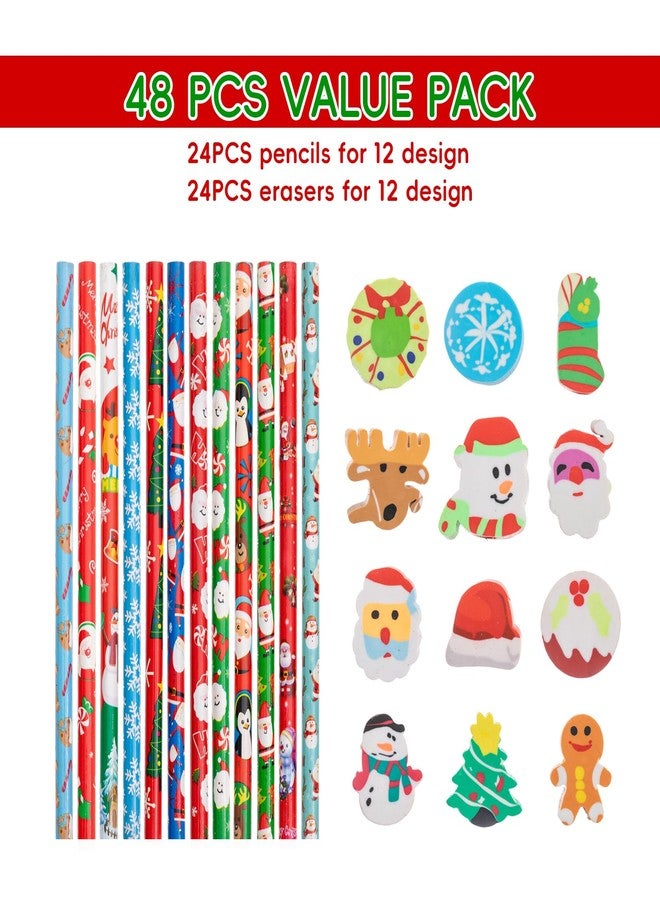 Jocomoni 24 Pieces Christmas Pencils Santa Snowman Snowflake Wood Pencils with 24pcs Giant Eraser Assorted Designs Christmas Stationery Pencil for Christmas Party Favor - Image 2