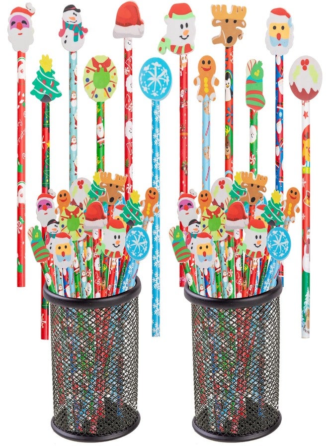 Jocomoni 24 Pieces Christmas Pencils Santa Snowman Snowflake Wood Pencils with 24pcs Giant Eraser Assorted Designs Christmas Stationery Pencil for Christmas Party Favor - Image 1