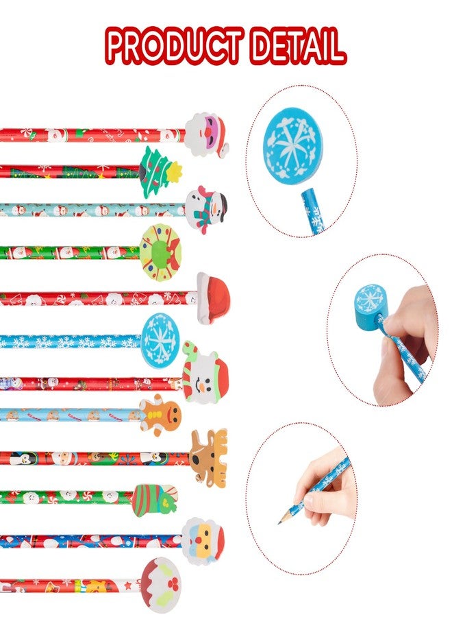 Jocomoni 24 Pieces Christmas Pencils Santa Snowman Snowflake Wood Pencils with 24pcs Giant Eraser Assorted Designs Christmas Stationery Pencil for Christmas Party Favor - Image 4