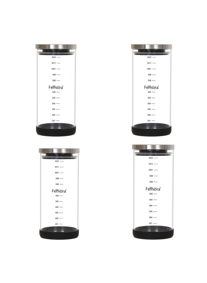 Femora Femora Borosilicate Glass Jar With Silicon Bottom & Airtight Steel Lid| Glass Jars For Kitchen| Kitchen Storage Jar|1 Year Warranty|Jars for Gifting, Snacks, Spice, Cookies, Dry Food|1300 ML|Set Of 4 - Image 1