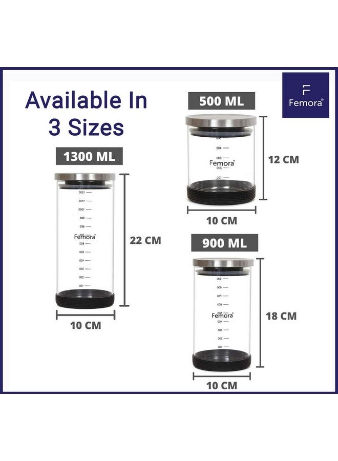 Femora Femora Borosilicate Glass Jar With Silicon Bottom & Airtight Steel Lid| Glass Jars For Kitchen| Kitchen Storage Jar|1 Year Warranty|Jars for Gifting, Snacks, Spice, Cookies, Dry Food|1300 ML|Set Of 4 - Image 3