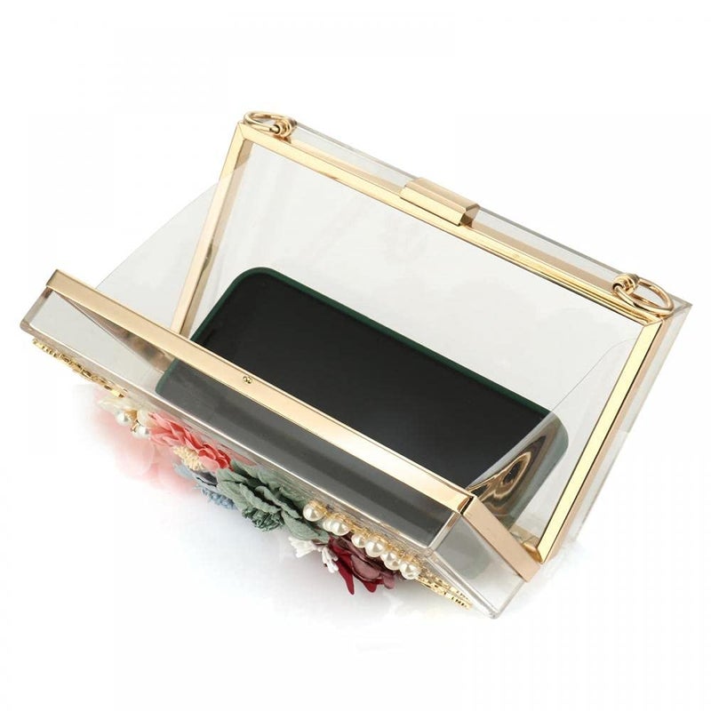 Gets Acrylic Purses and Handbags for Women Floral Beaded Embellished Clutch Elegant Banquet Evening Handbags Crossbody Bag Transparent - Image 4