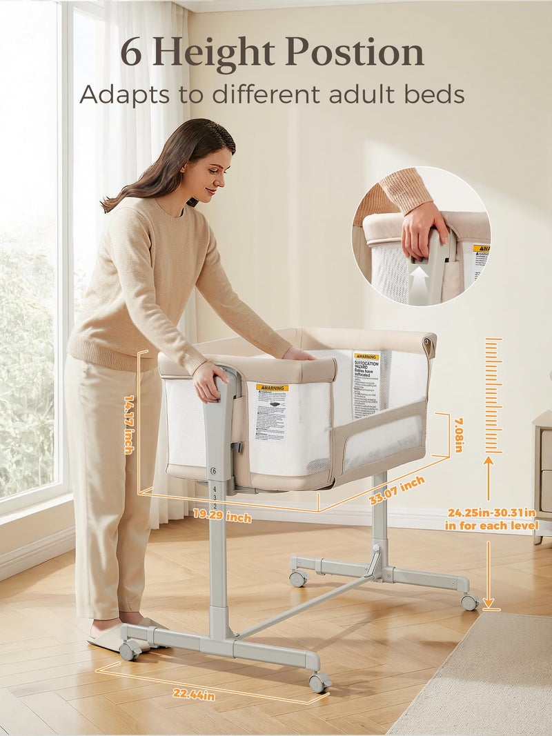 ONTHEWEI Baby Bassinet Bedside Sleeper 3-in-1, Easy Night Feeding with One-Side Fold & Rolling Wheels, Breathable Mesh, 6-Height Adjustable, Soft Mattress for Newborns - Image 2