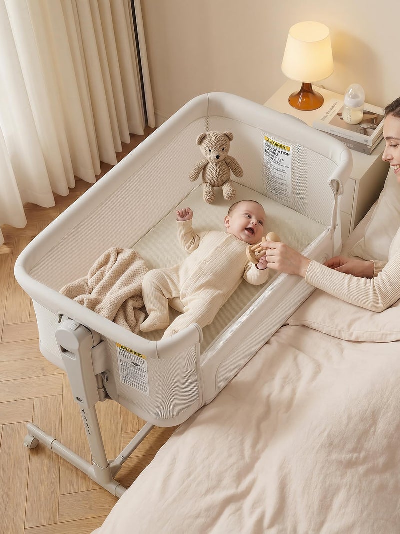ONTHEWEI Baby Bassinet Bedside Sleeper 3-in-1, Easy Night Feeding with One-Side Fold & Rolling Wheels, Breathable Mesh, 6-Height Adjustable, Soft Mattress for Newborns - Image 1