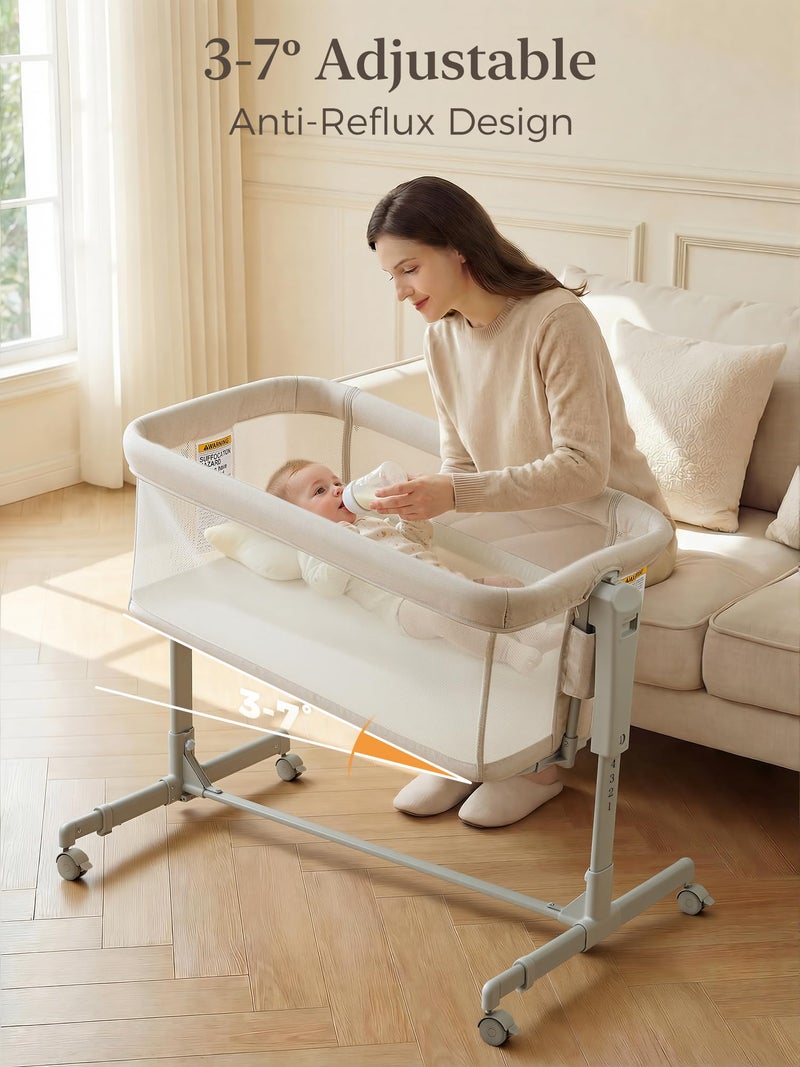 ONTHEWEI Baby Bassinet Bedside Sleeper 3-in-1, Easy Night Feeding with One-Side Fold & Rolling Wheels, Breathable Mesh, 6-Height Adjustable, Soft Mattress for Newborns - Image 3