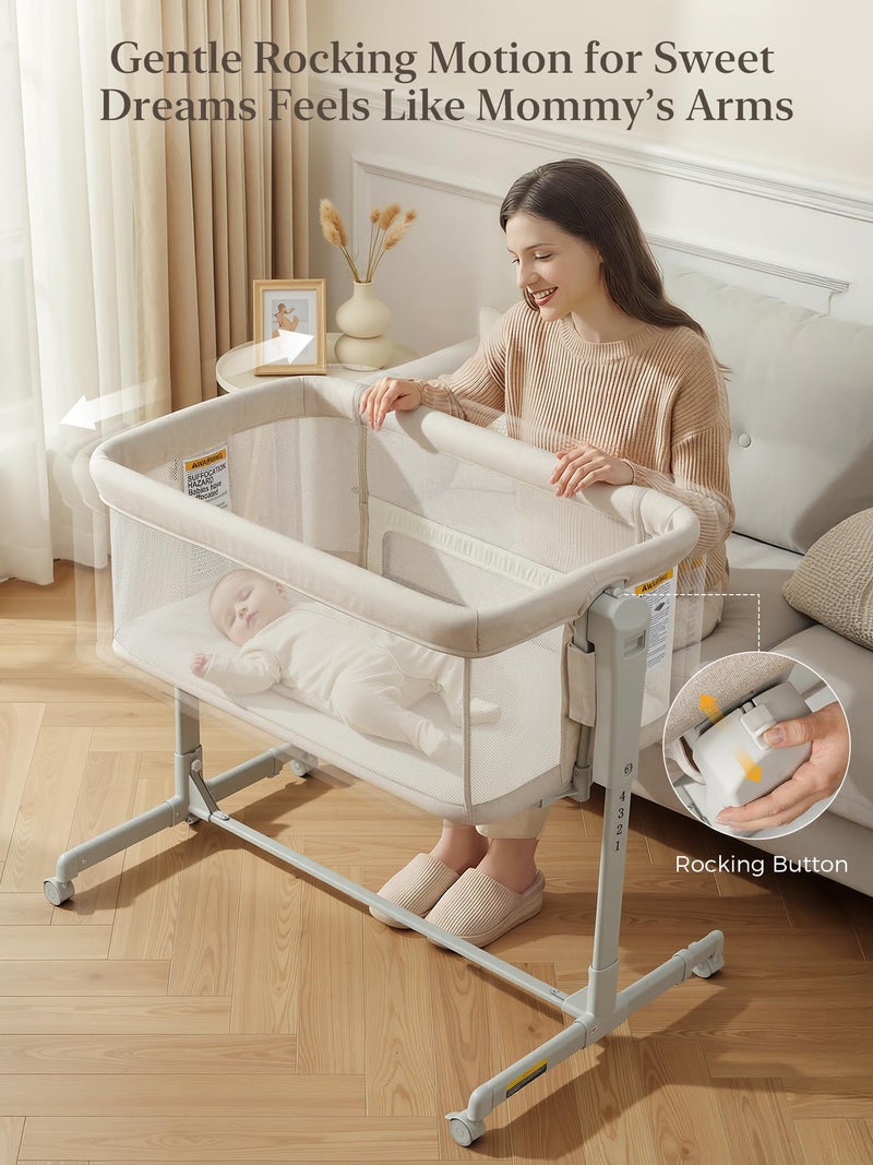 ONTHEWEI Baby Bassinet Bedside Sleeper 3-in-1, Easy Night Feeding with One-Side Fold & Rolling Wheels, Breathable Mesh, 6-Height Adjustable, Soft Mattress for Newborns - Image 5