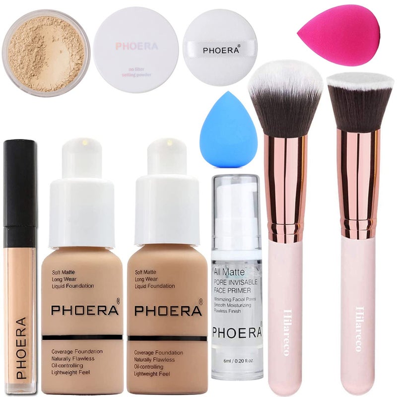 PHOERA FoundationFull Coverage FoundationPHOERA PrimerPHOERA PowderPHOERA Concealer PHOERA Makeup Set Kabuki Makeup Brushes Foundation Brush Powder2 Makeup Sponge 104 Buff Beige  105 Sand