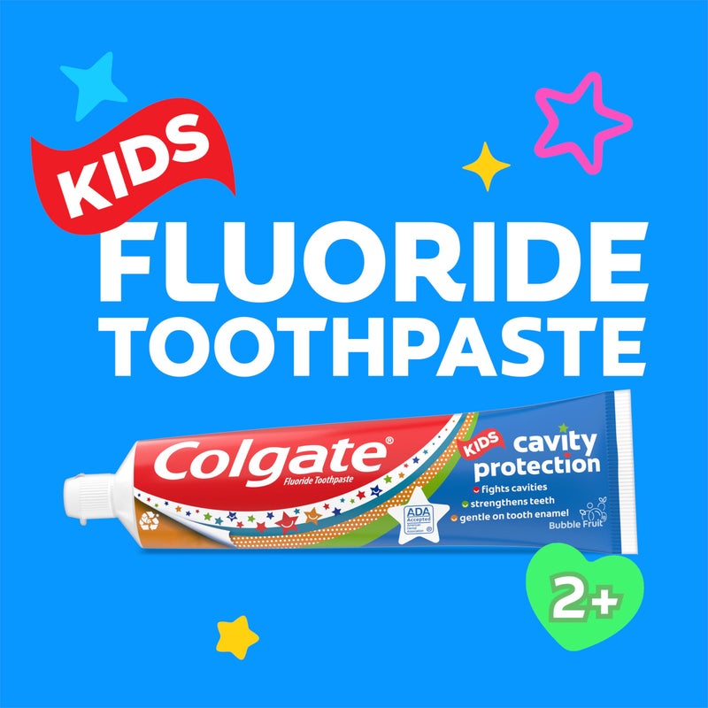 Colgate Kids Cavity Protection Toothpaste with Fluoride, Helps Fight Cavities, Safe for Ages 2+, Mild Bubble Fruit Flavor, Sugar Free, 4.6 Oz Tube - Image 2