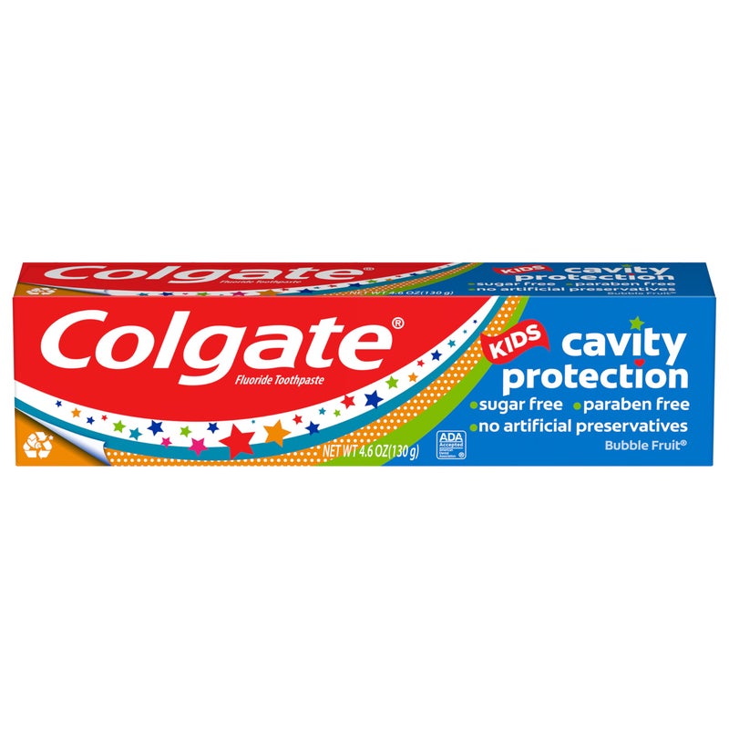 Colgate Kids Cavity Protection Toothpaste with Fluoride, Helps Fight Cavities, Safe for Ages 2+, Mild Bubble Fruit Flavor, Sugar Free, 4.6 Oz Tube - Image 1