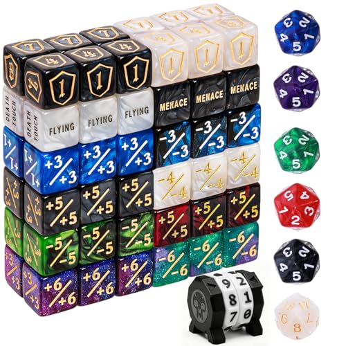 PUGED 79 Pcs MTG Dice Set in 12 Colors with Plus 1 Life Counter Dices Buff Ability Keyword Tokens Shield and Spindown Dice Life Counter Wheel Bag for MTG TCG Cards Gaming Accessories Black and White - Image 1