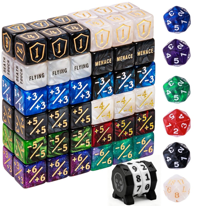 PUGED 79 Pcs MTG Dice Set in 12 Colors with Plus 1 Life Counter Dices Buff Ability Keyword Tokens Shield and Spindown Dice Life Counter Wheel Bag for MTG TCG Cards Gaming Accessories Black and White - Image 3