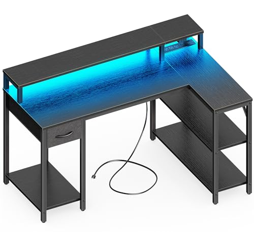 SUPERJARE 47 inch Reversible L Shaped Desk with LED Lights  Power Outlets Computer Desk with Shelves  Monitor Stand Gaming Desk with Drawer Home Office Desk Corner Desk Black