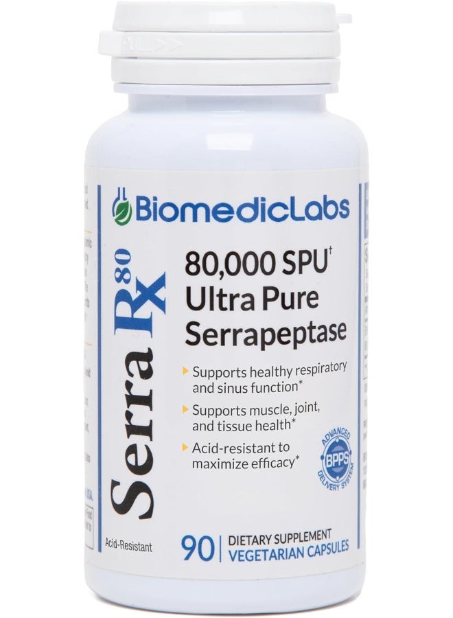 Biomedic Labs RX Serra-RX 80,000 SPU Serrapeptase - Limited TIME Offer - Enteric Coated Proteolytic Systemic Enzyme, Non-GMO, Gluten Free, Vegan, Supports Sinus & Lung Health, 90 Veg Capsules - Image 1