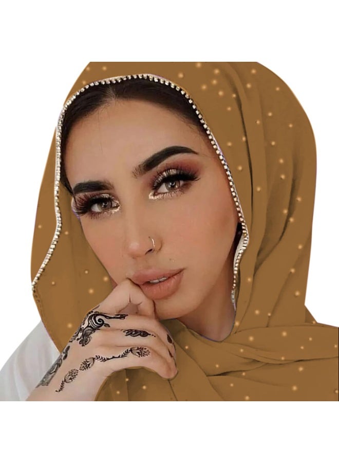 2Pcs Camel Rhinestone Pearl Chiffon Hijab Scarf 180x70cm, Sparkling Gold Beaded Edge Muslim Women Head Wrap for Party Worship Daily Wear - Image 1