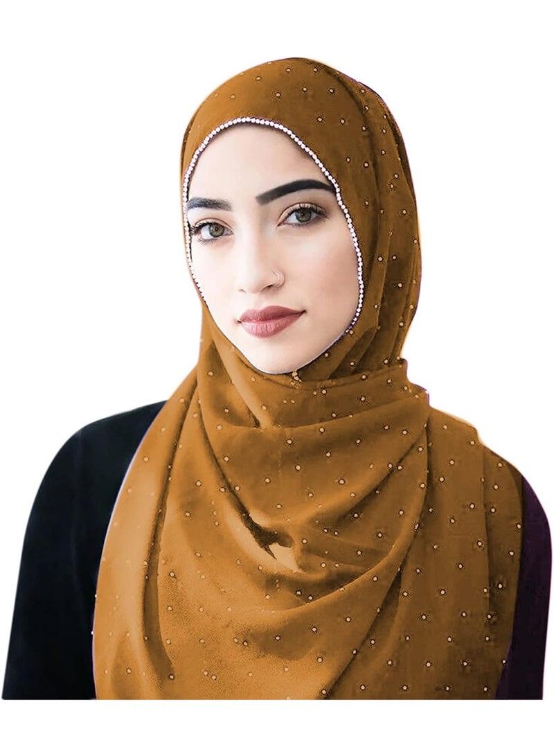 2Pcs Camel Rhinestone Pearl Chiffon Hijab Scarf 180x70cm, Sparkling Gold Beaded Edge Muslim Women Head Wrap for Party Worship Daily Wear - Image 5