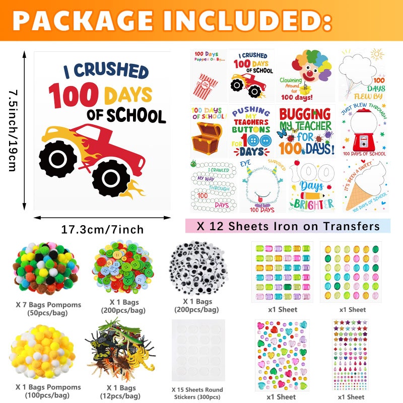 Marspark 12 Sets 100th Day of School Iron on Transfer Decals, Heat Transfer Patches DIY Craft Kit, Pompoms Buttons Wiggle Eyes Gem Popcorn Gum Machine Stickers for Party School Clothing T-Shirt Bag - Image 2