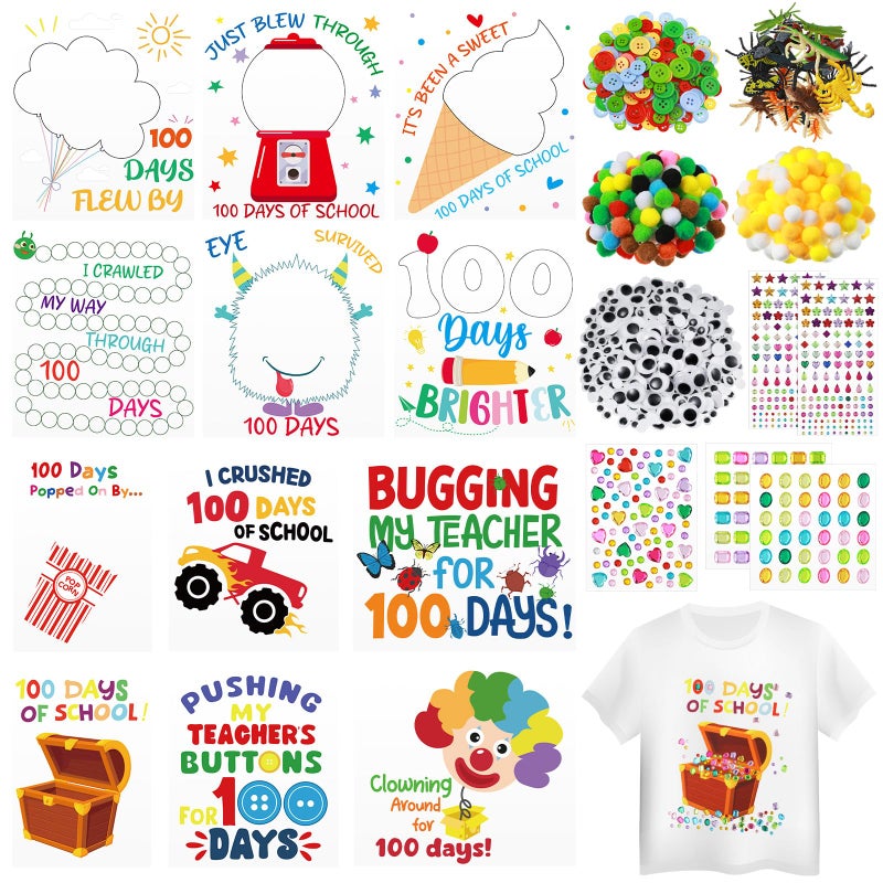 Marspark 12 Sets 100th Day of School Iron on Transfer Decals, Heat Transfer Patches DIY Craft Kit, Pompoms Buttons Wiggle Eyes Gem Popcorn Gum Machine Stickers for Party School Clothing T-Shirt Bag - Image 1