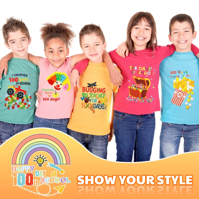 Marspark 12 Sets 100th Day of School Iron on Transfer Decals, Heat Transfer Patches DIY Craft Kit, Pompoms Buttons Wiggle Eyes Gem Popcorn Gum Machine Stickers for Party School Clothing T-Shirt Bag - Image 4
