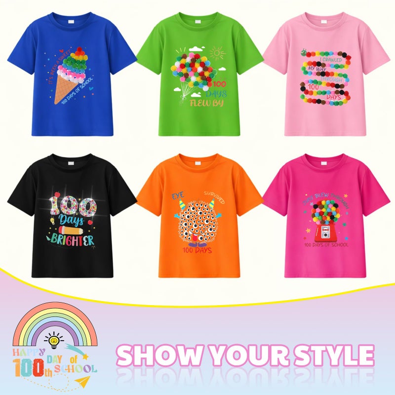 Marspark 12 Sets 100th Day of School Iron on Transfer Decals, Heat Transfer Patches DIY Craft Kit, Pompoms Buttons Wiggle Eyes Gem Popcorn Gum Machine Stickers for Party School Clothing T-Shirt Bag - Image 5