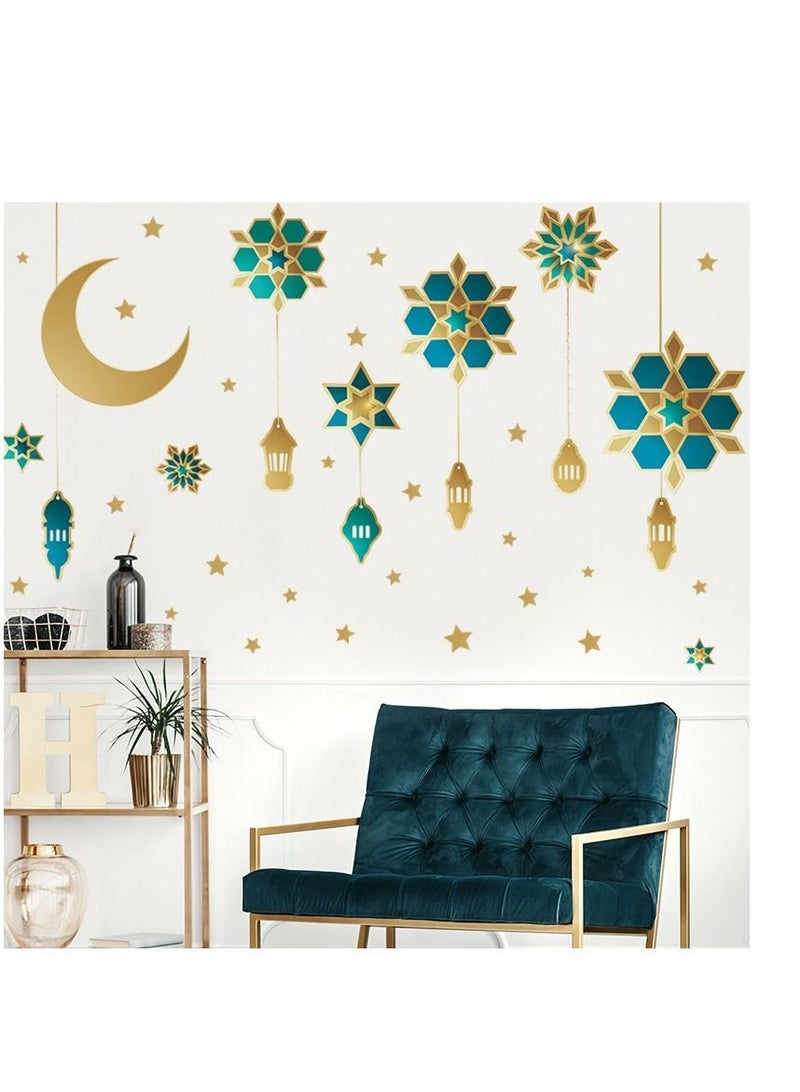 Y&D Ramadan Kareem Wall Stickers Decorations Eid Mubarak Lantern Decals Moon Star Window Clings For Home Living Room Bedroom (Gold) - Image 2