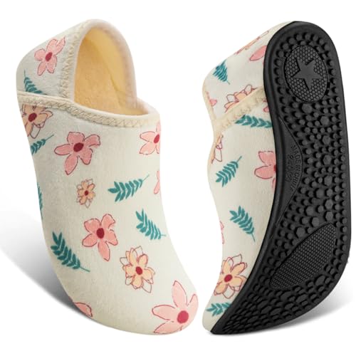 ATHMILE House Slippers for Women Men Indoor Barefoot Slippers Socks Furry Slip on House Shoes Cozy Comfy for Home Bedroom Travel Yoga Women 6.5-7.5 Beige Flower - Image 1