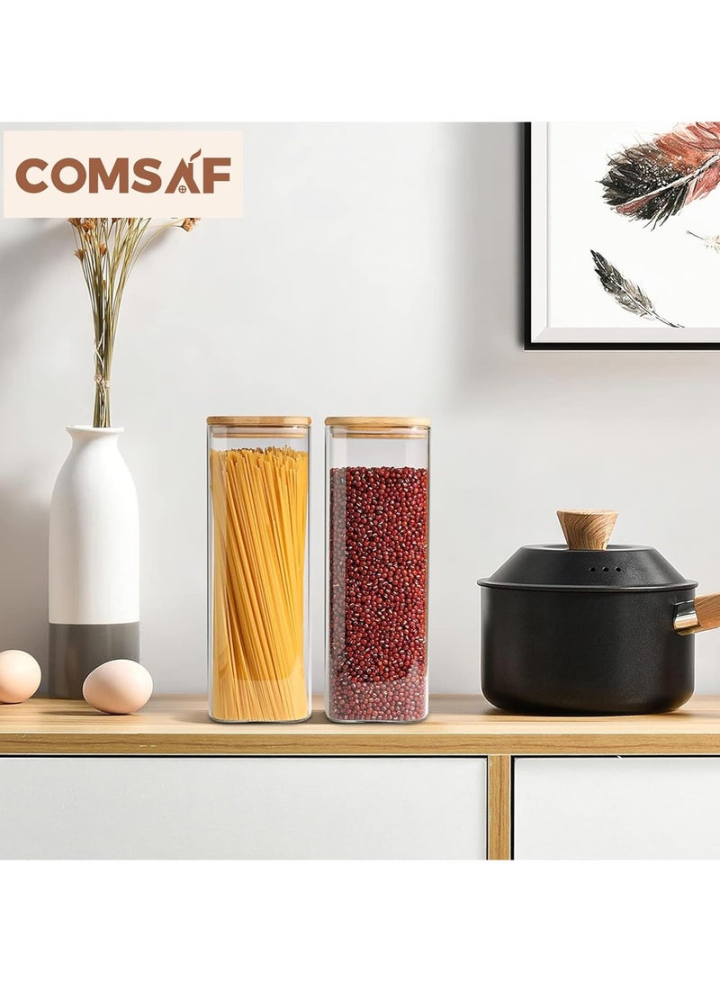 كومساف **ComSaf حاويات تخزين مكرونة سباغيتي زجاجية مع أغطية 71 أونصة، مجموعة من 3 حاويات طويلة شفافة محكمة الإغلاق مع غطاء من الخيزران لتخزين المعكرونة والدقيق والحبوب والسكر والفاصوليا، حاوية بانtry مربعة للمكرونة**  - Image 5