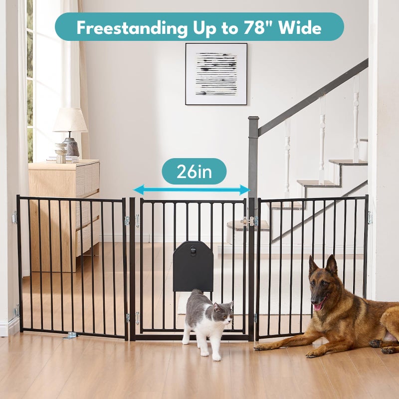 No Pawblems Dog Gate with Cat Door, Free Standing 30'' Tall Foldable Dog Fence for Indoor & Outdoor, Up to 78 Inch Extra Wide Puppy Gate for Stairs, Hallways, Doorways, Deck, Yard (Black, 3 Panels) - Image 5