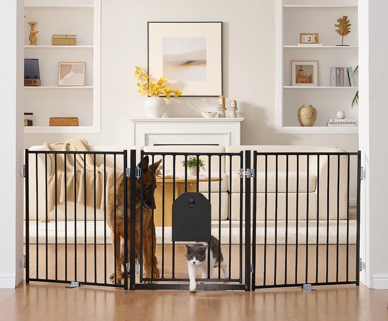 No Pawblems Dog Gate with Cat Door, Free Standing 30'' Tall Foldable Dog Fence for Indoor & Outdoor, Up to 78 Inch Extra Wide Puppy Gate for Stairs, Hallways, Doorways, Deck, Yard (Black, 3 Panels) - Image 1
