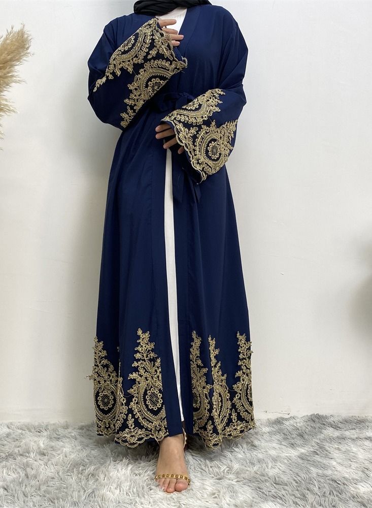 Loquat Fashion Simple Cardigan Gown Abaya Blue - Image 2