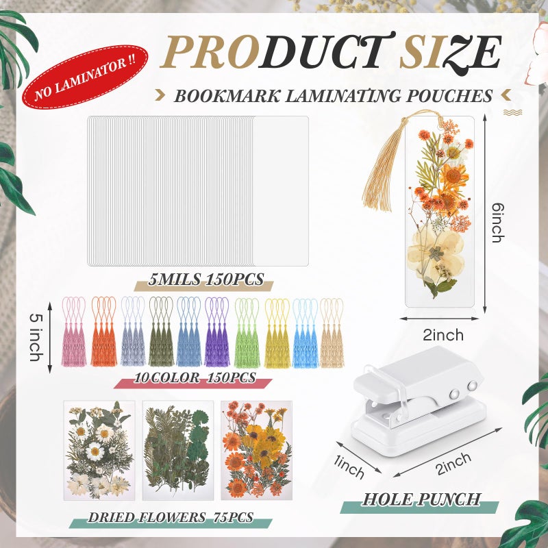 Fuyoooo 376 Pcs DIY Bookmark Making Kit, 150 Bookmark Laminating Pouches Bulk with 150 Tassels and Puncher DIY Projects Party Favor Gift for Reading Women Book Lovers(2 x 6 Inch,Light Colors) - Image 2