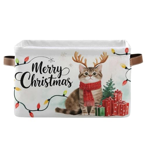Wamika Christmas Cats Kitty Storage Basket with Waterproof Liner and PU Handles Xmas Tree Reindeer Storage Bins Boxes 142 Collapsible Decorative Organizer Baskets for Bedroom Closet Office 1 Pack - Image 1