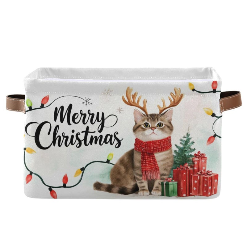 Wamika Christmas Cats Kitty Storage Basket with Waterproof Liner and PU Handles Xmas Tree Reindeer Storage Bins Boxes 142 Collapsible Decorative Organizer Baskets for Bedroom Closet Office 1 Pack - Image 2