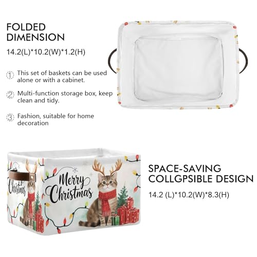 Wamika Christmas Cats Kitty Storage Basket with Waterproof Liner and PU Handles Xmas Tree Reindeer Storage Bins Boxes 142 Collapsible Decorative Organizer Baskets for Bedroom Closet Office 1 Pack - Image 3