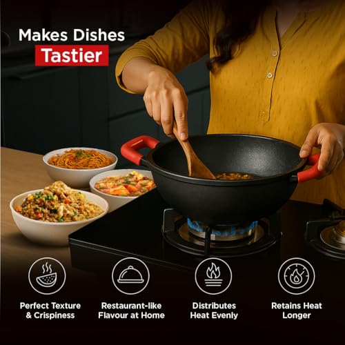 Pigeon by Stovekraft Cast Iron Kadai with Glass Lid | Medium, 26 cm | Naturally Nonstick | Pre-Seasoned Kadhai with 100% vegetable oil | Toxin-Free | High Pressure Casting | Bring Back Nostalgic Taste - Image 2