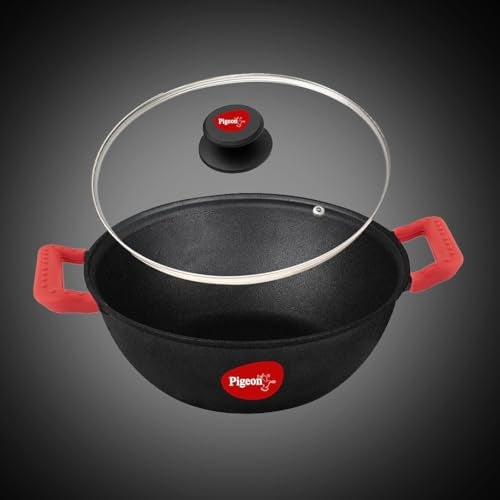 Pigeon by Stovekraft Cast Iron Kadai with Glass Lid | Medium, 26 cm | Naturally Nonstick | Pre-Seasoned Kadhai with 100% vegetable oil | Toxin-Free | High Pressure Casting | Bring Back Nostalgic Taste - Image 1