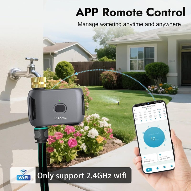 Insoma مؤقت توزيع المياه Insoma WiFi للحدائق، مزود بمدخل ومخرج من البرونز، ويحتوي على مؤقت رش ذكي، ويدعم التحكم عن بعد عبر التطبيق، وأجهزة توقيت للحنفيات تعمل تلقائيًا مع خيارات تأخير بسبب هطول المطر أو وضع يدوي، لري الحدائق والمسطحات العشبية. - Image 3