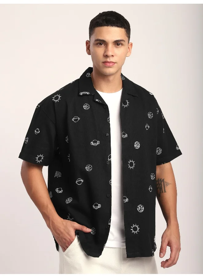 بيونغ Black Galaxy Embroidered Half Sleeve Shirt