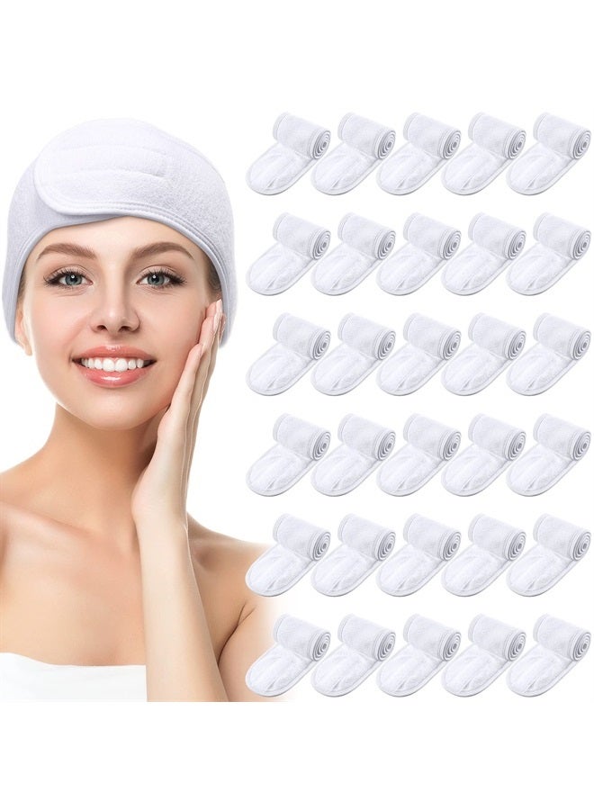Hoteam 30 Pack Spa Headband Spa Facial Headband Spa Headband Bulk for Washing Face Makeup Headband for Shower Bath Sport Wrap Girls Headband Polyester Adjustable Towel with Hook and Loop Non Slip(White)