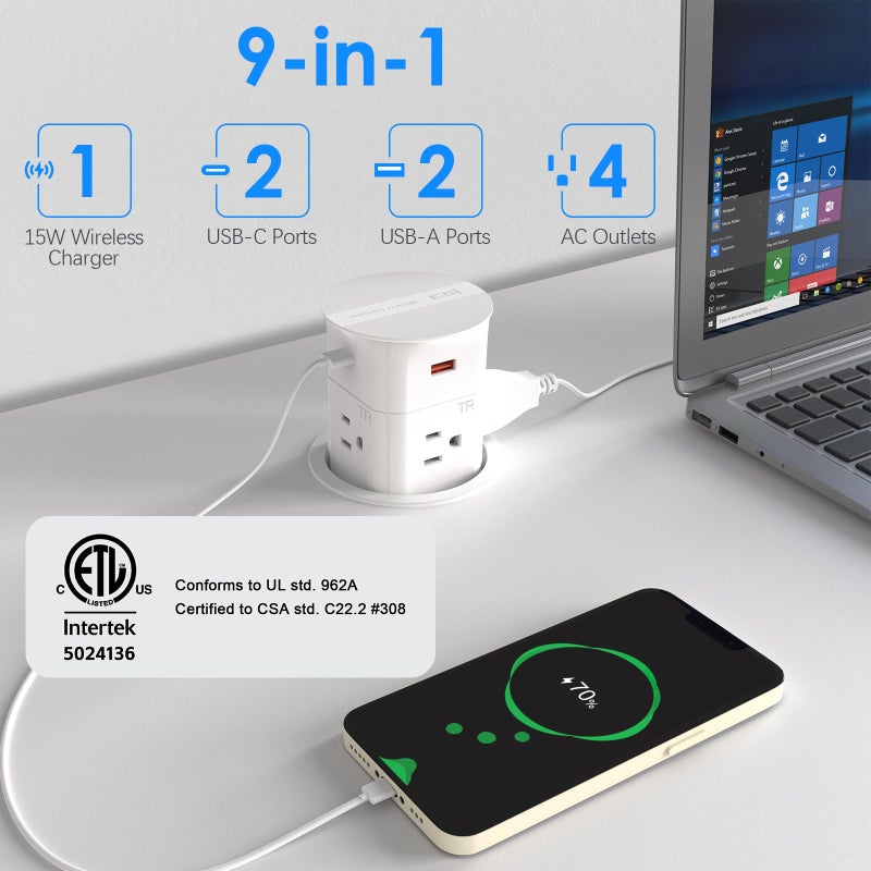 ANNQUAN 3.15" Pop Up Countertop Outlet with 15W Wireless Charger,Max 20W Power Delivery,800J Surge Protection,Pop Up Electrical Outlet with 4 Outlets 4 USB Ports for Home Office(ETL Listed) - Image 2