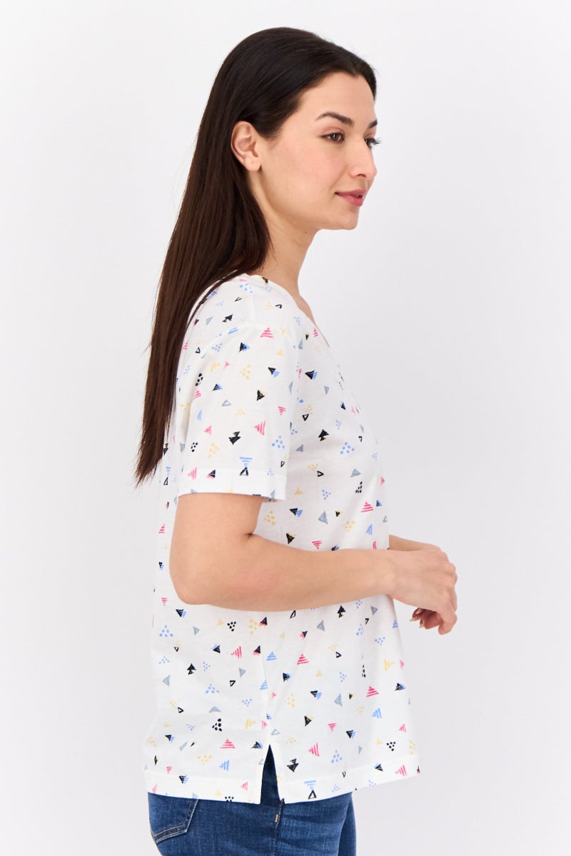 ESPRIT تي شيرت نسائي بياقة دائرية مطبوع بالكامل، أبيض - Image 2