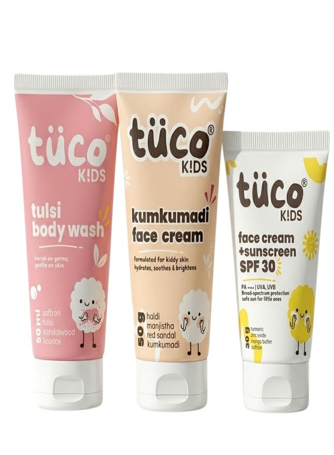 TuCo مجموعة توكو® للعناية بالبشرة للأطفال للسفر | جل استحمام + كريم وجه كومكومادي + واقي شمس بعامل حماية 30 | زعفران، ريحان، وزيت جوز الهند | خالٍ من البارابين والكبريتات | للأولاد والبنات | من 3 إلى 15 سنة | مجموعة 3 في 1 - Image 1