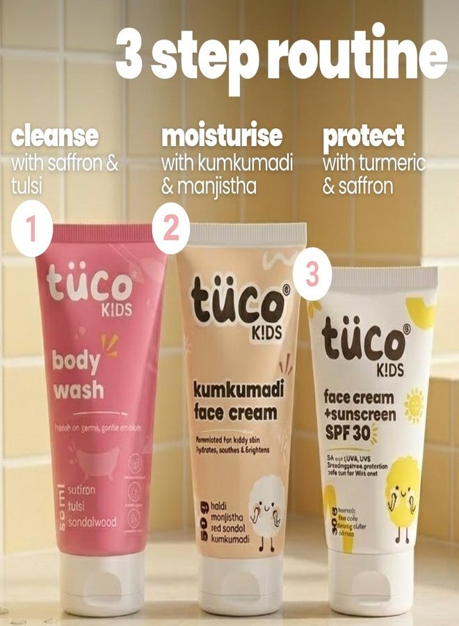 TuCo مجموعة توكو® للعناية بالبشرة للأطفال للسفر | جل استحمام + كريم وجه كومكومادي + واقي شمس بعامل حماية 30 | زعفران، ريحان، وزيت جوز الهند | خالٍ من البارابين والكبريتات | للأولاد والبنات | من 3 إلى 15 سنة | مجموعة 3 في 1 - Image 2