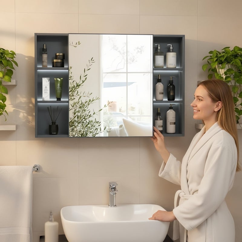 Sharpdo 90cm Bathroom Mirror Cabinet with Storage, Wall Mounted Vanity Mirror with Large Capacity Organizer Shelves, Modern Bathroom Storage Cabinet for Toiletries & Skincare - Image 1