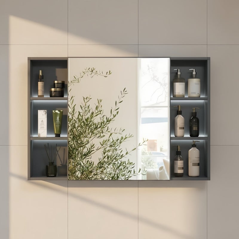 Sharpdo 90cm Bathroom Mirror Cabinet with Storage, Wall Mounted Vanity Mirror with Large Capacity Organizer Shelves, Modern Bathroom Storage Cabinet for Toiletries & Skincare - Image 2