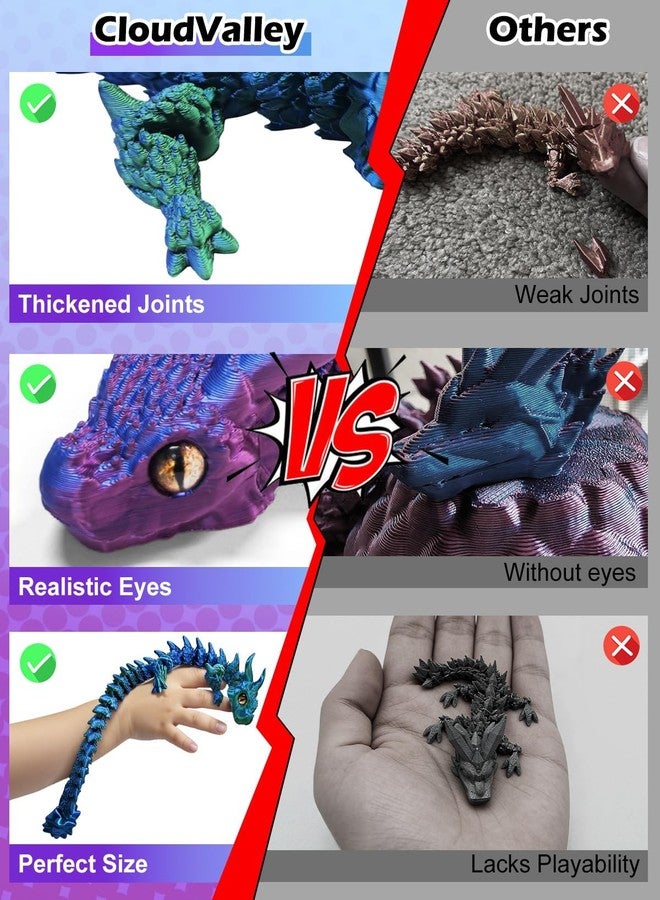 CloudValley 12'' 3D Printed Dragon Fidget Toy, 2 Pack Large Articulated Dragon Figurine, Flexible Stress Relief Toy for Kids Adults, Desk Office Decor Sensory Toy, Purple & Green(Includes Dragon Eggs) - Image 2