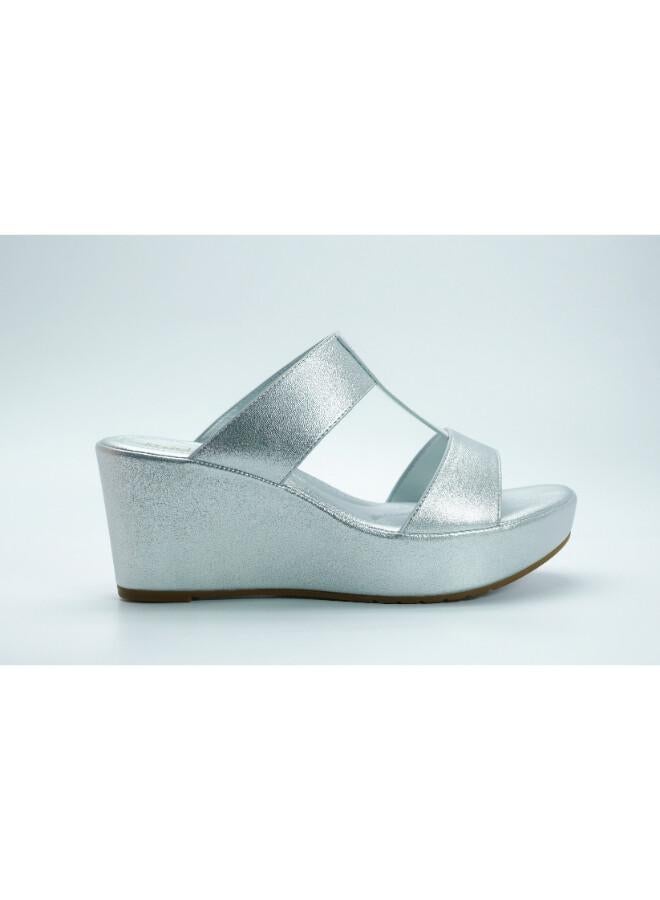 Michelle Morgan 092-3120 Michelle Morgan Women's T Bar Wedge Heel Sandals 514RJ338 Silver - Image 1