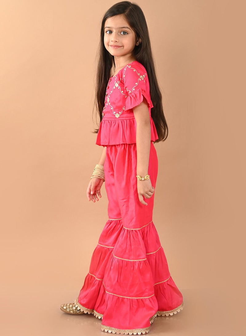 Bonkids Girls Floral Embroidered Top with Sharara - Image 3