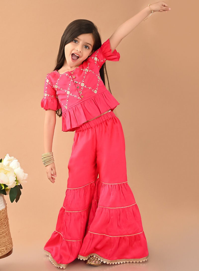 Bonkids Girls Floral Embroidered Top with Sharara - Image 1